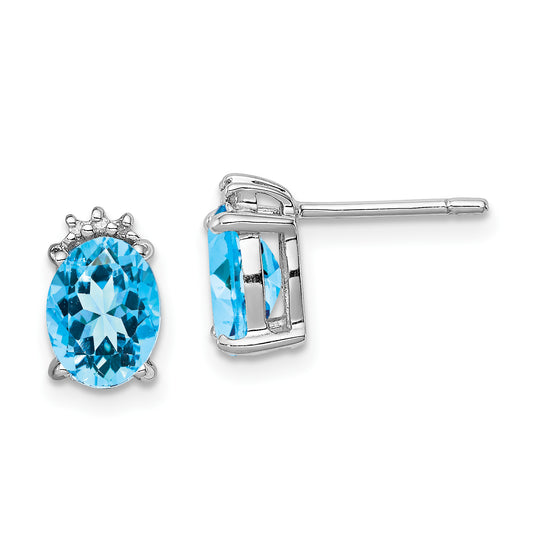 Sterling Silver Rhodium Plated Oval Blue Topaz And Diamond Post Earrings