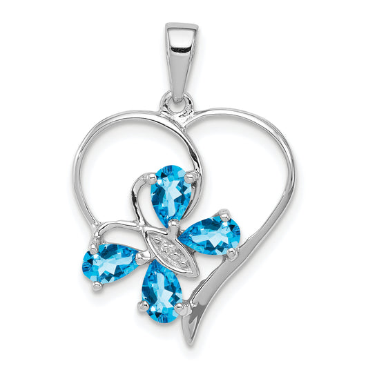 Sterling Silver Rhodium Sw Blue Topaz & Diamond Butterfly Heart Pendant