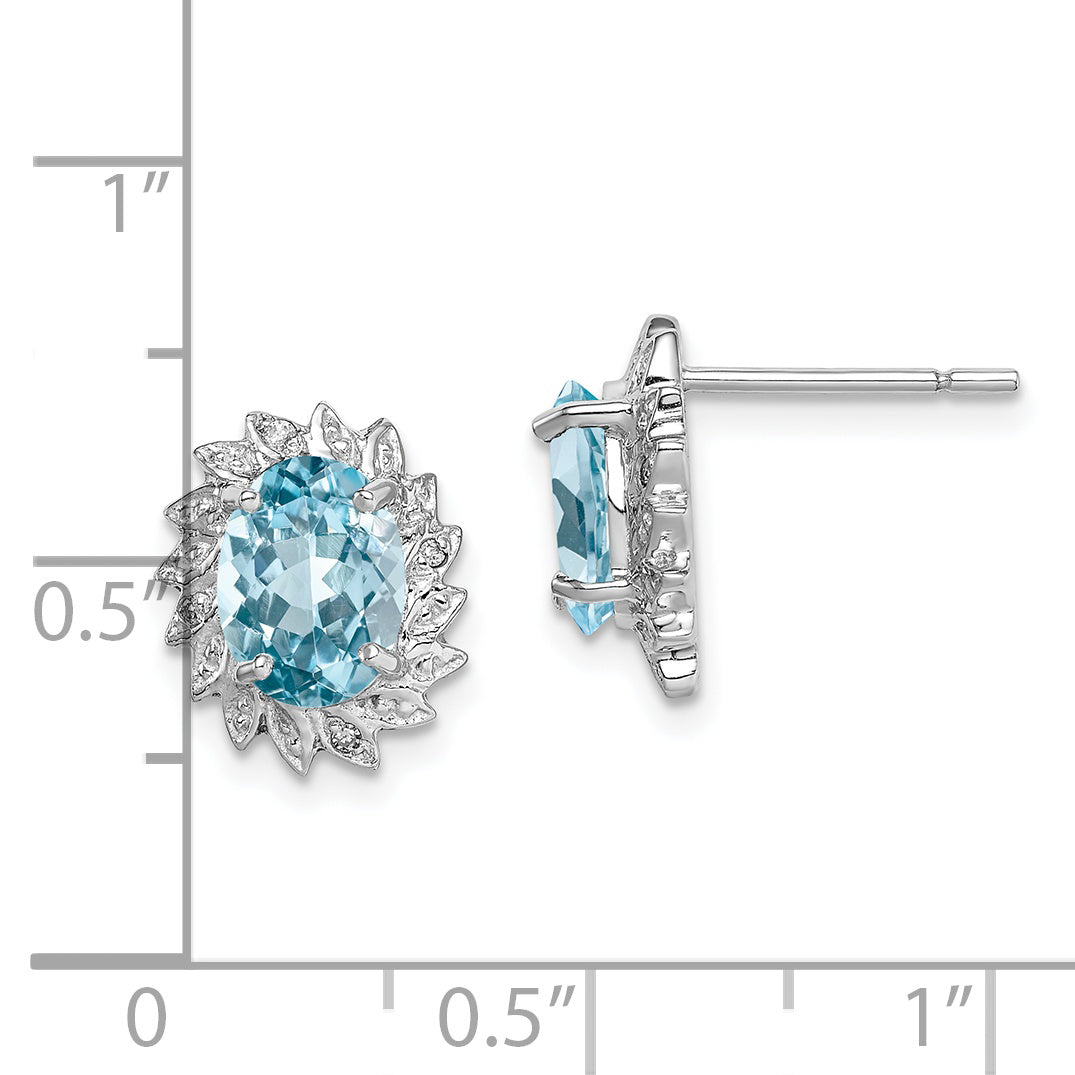 Sterling Silver Rhodium Plated Blue Topaz And Diamond Post Earrings