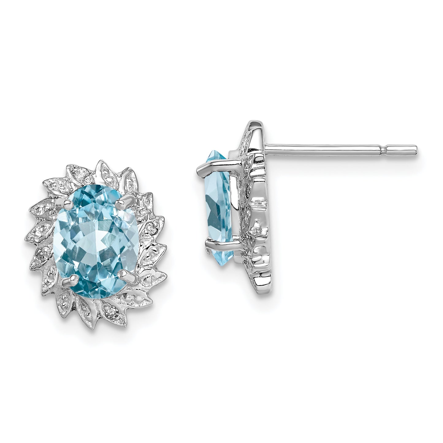 Sterling Silver Rhodium Plated Blue Topaz And Diamond Post Earrings