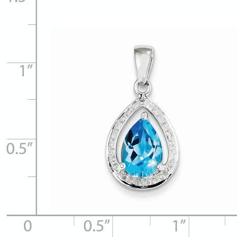 Sterling Silver Rhodium-Plated Light Swiss Blue Topaz & Diamond Pendant