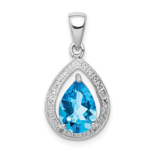 Sterling Silver Rhodium-Plated Light Swiss Blue Topaz & Diamond Pendant