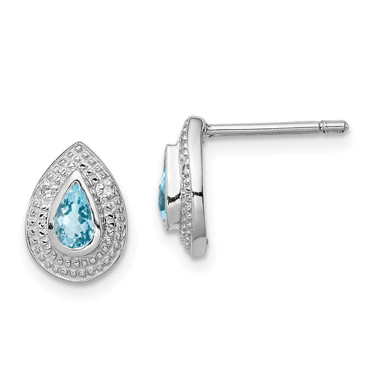 Sterling Silver Rhodium Light Swiss Blue Topaz And Diamond Post Earrings