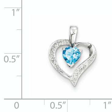 Sterling Silver Rhodium Heart Swiss Blue Topaz & Diamond Pendant