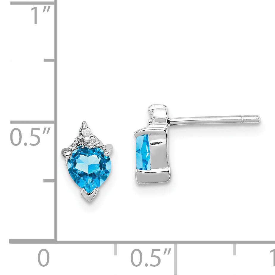 Sterling Silver Rhodium Plated Blue Topaz And Diamond Heart Earrings