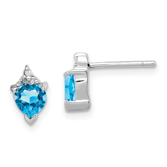 Sterling Silver Rhodium Plated Blue Topaz And Diamond Heart Earrings