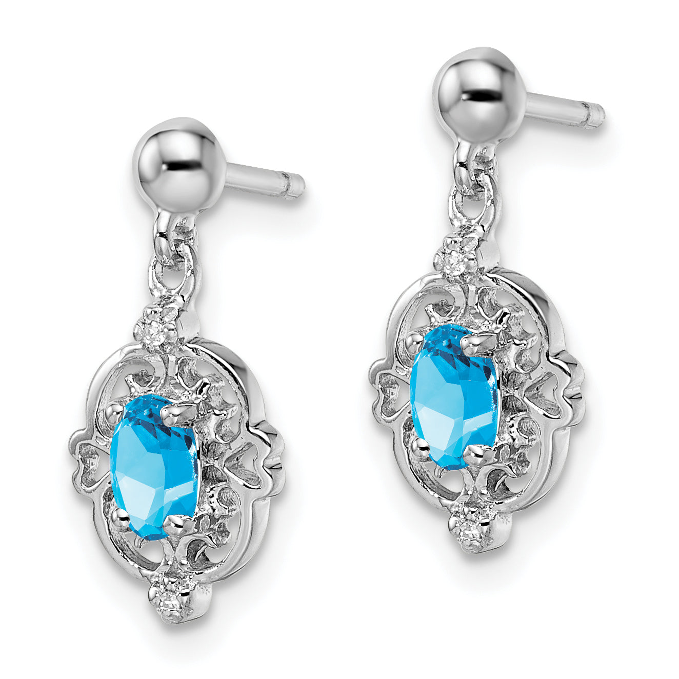 Sterling Silver Rhodium Plated Blue Topaz And Diamond Post Earrings