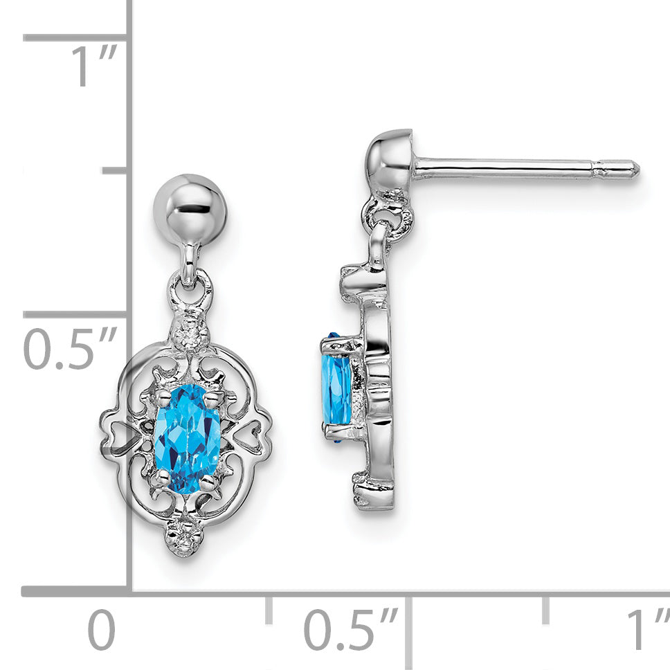 Sterling Silver Rhodium Plated Blue Topaz And Diamond Post Earrings