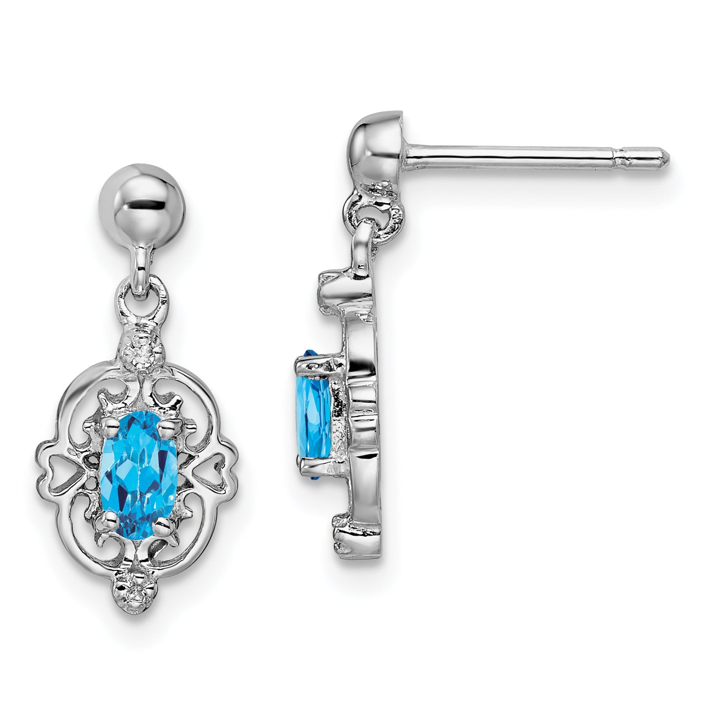 Sterling Silver Rhodium Plated Blue Topaz And Diamond Post Earrings