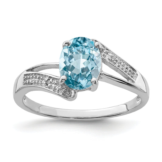 Sterling Silver Rhodium Light Swiss Blue Topaz & Diamond Ring