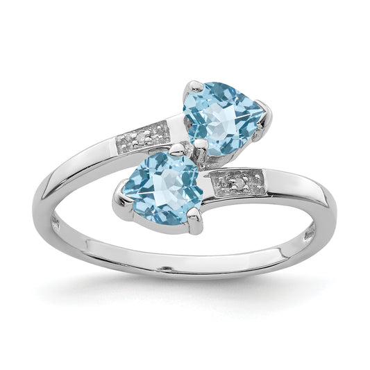 Sterling Silver Rhodium Light Swiss Blue Topaz & Diamond Heart Ring