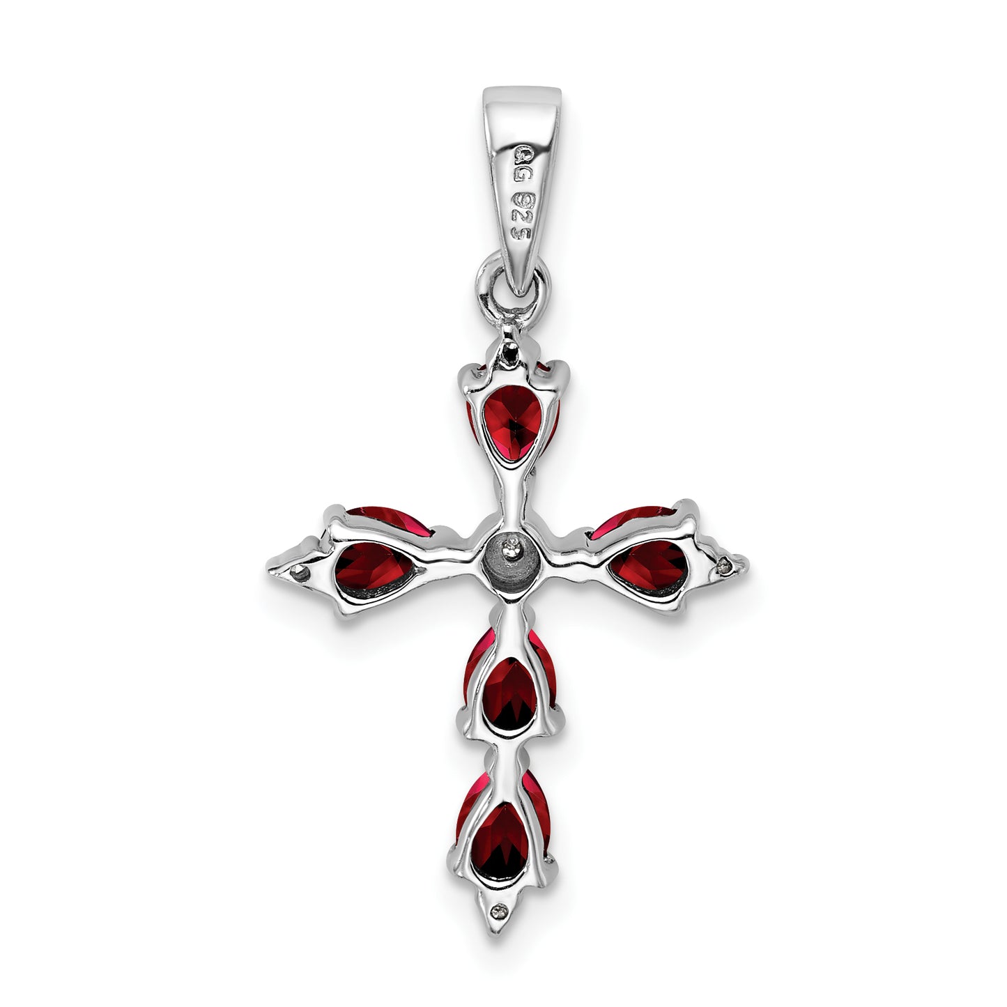 Sterling Silver Rhodium Pear Garnet Cross Pendant