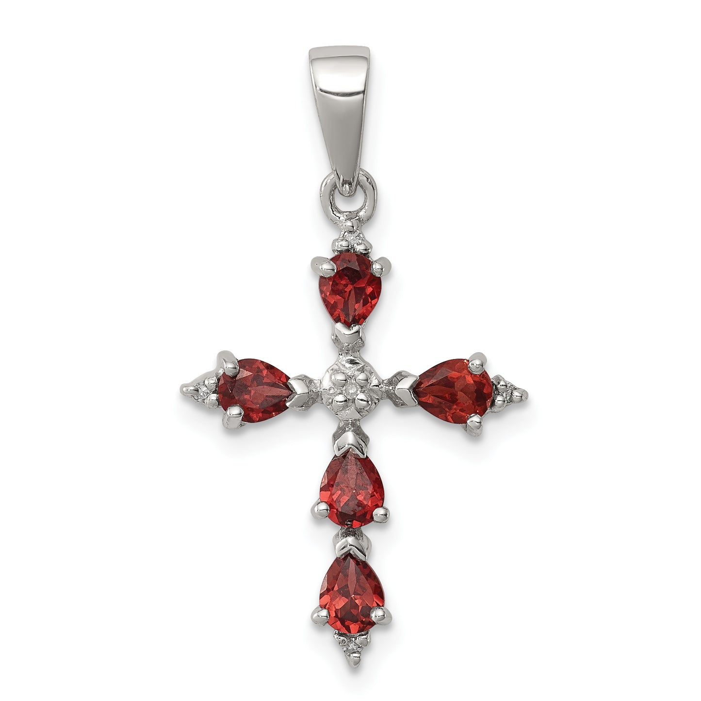 Sterling Silver Rhodium Pear Garnet Cross Pendant