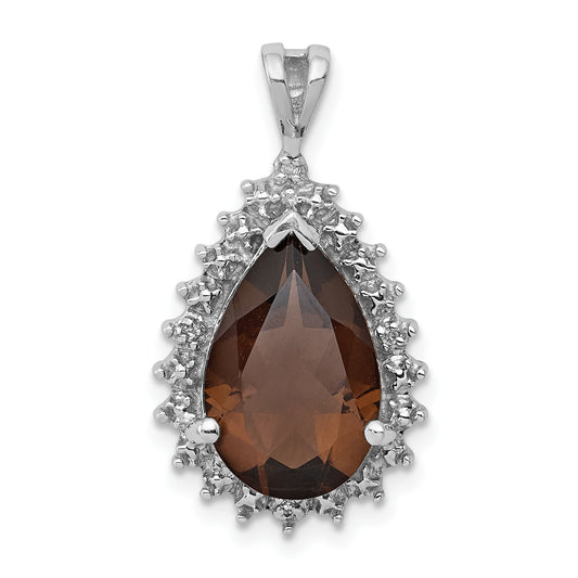 Sterling Silver Rhodium Plated Smoky Quartz And Diamond Pear Pendant