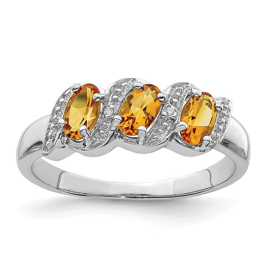 Sterling Silver Rhodium 3 Stone Citrine & Diamond Ring