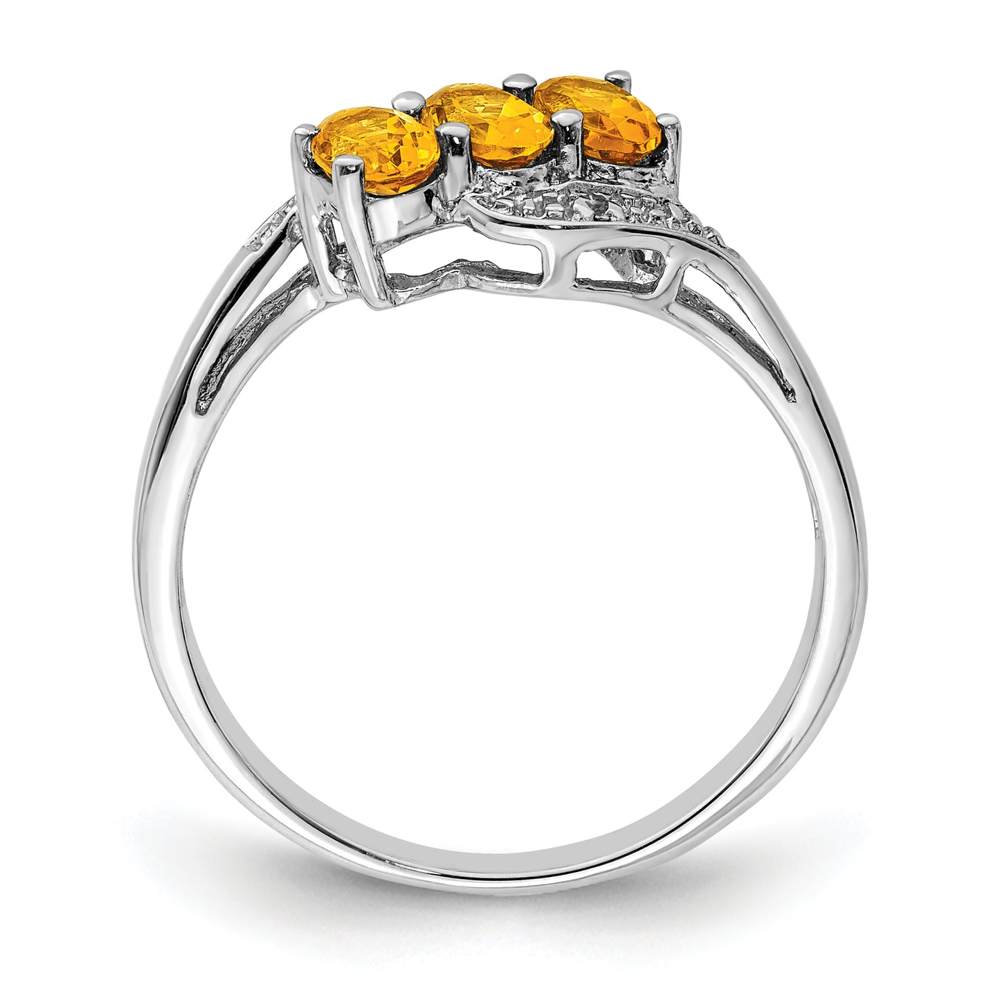 Sterling Silver Rhodium 3 Stone Citrine & Diamond Ring