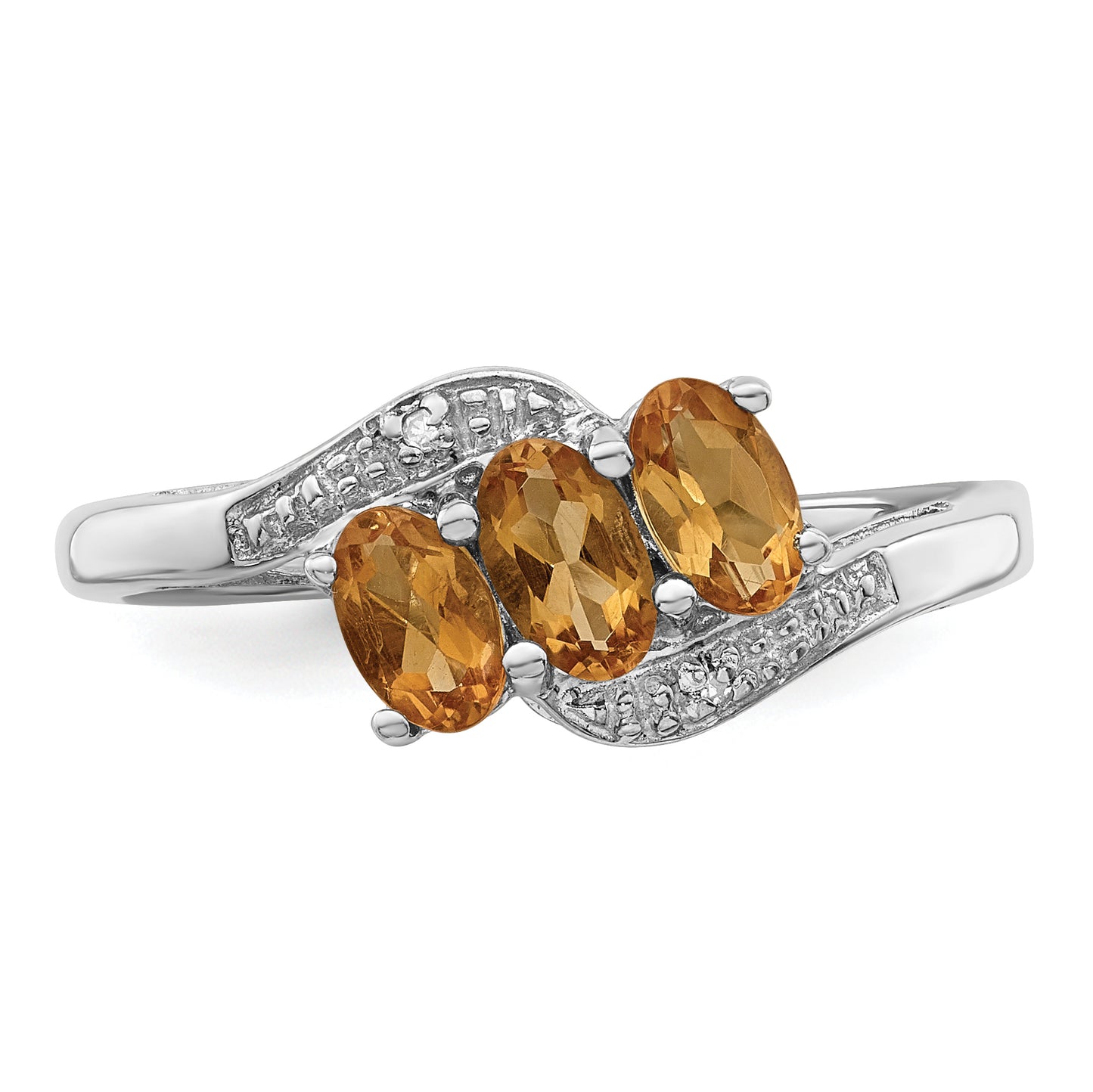 Sterling Silver Rhodium 3 Stone Citrine & Diamond Ring