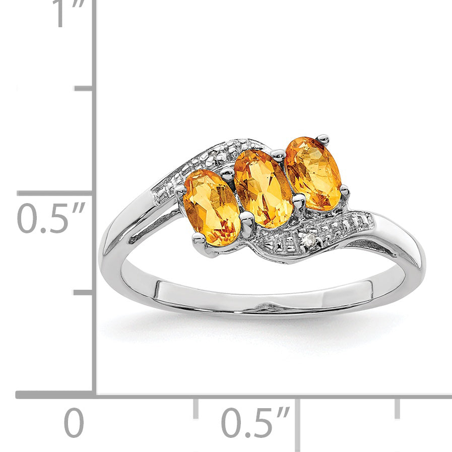 Sterling Silver Rhodium 3 Stone Citrine & Diamond Ring