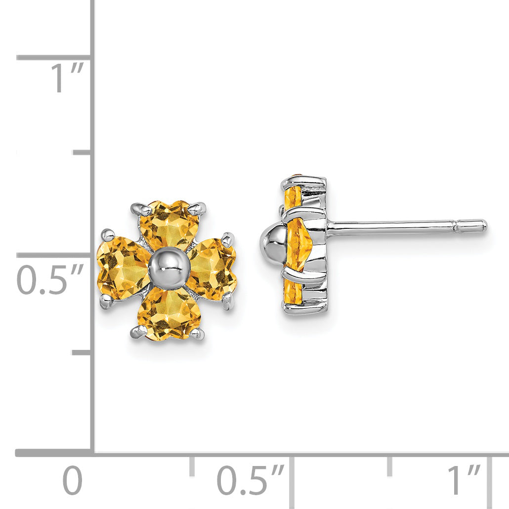 Sterling Silver Rhodium Plated Citrine Flower Post Earrings