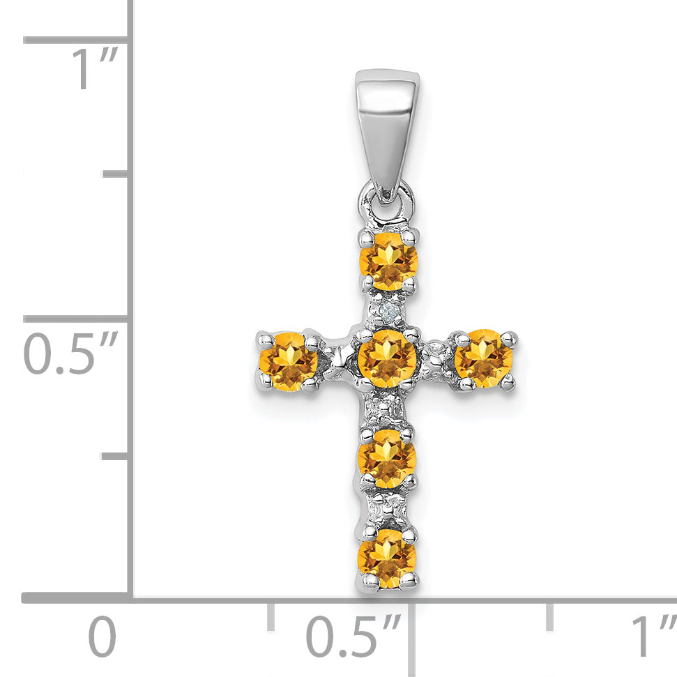 Sterling Silver Rhodium Citrine & Diamond Accent Cross Pendant