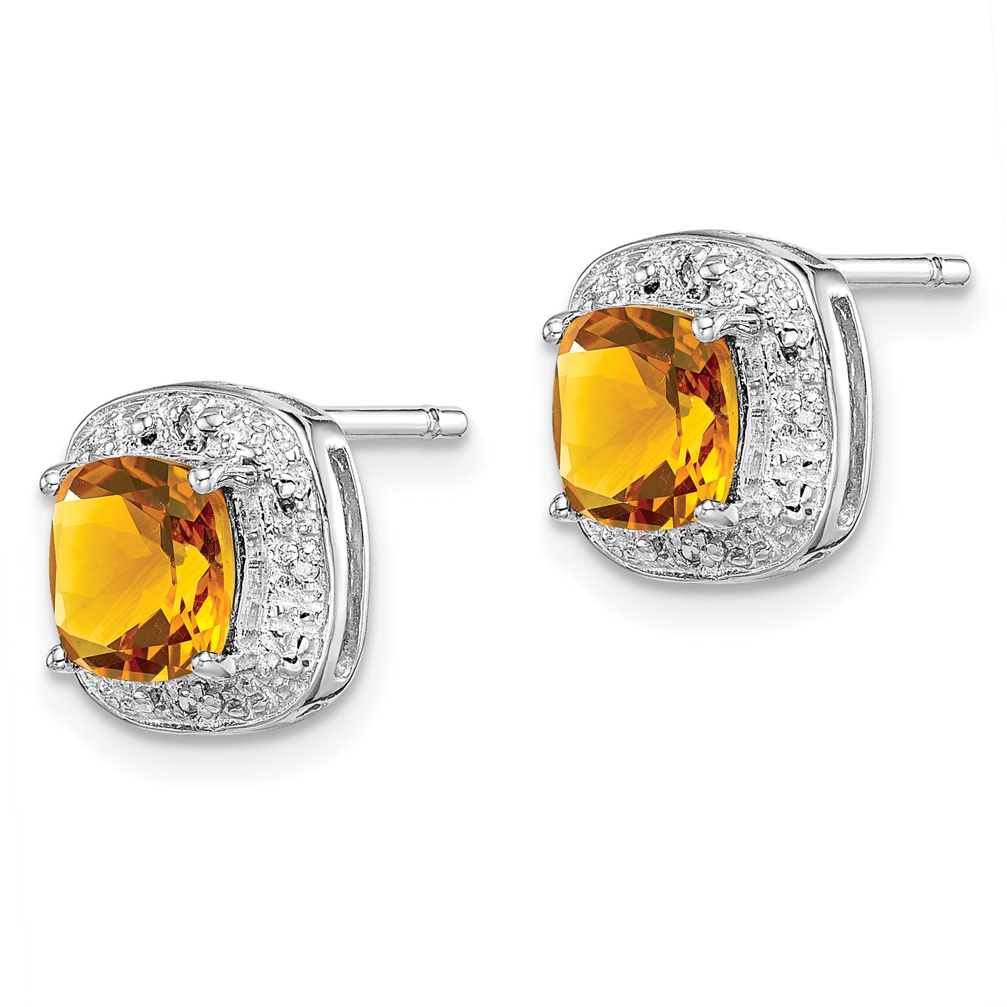 Sterling Silver Rhodium Plated Citrine And Diamond Post Earrings