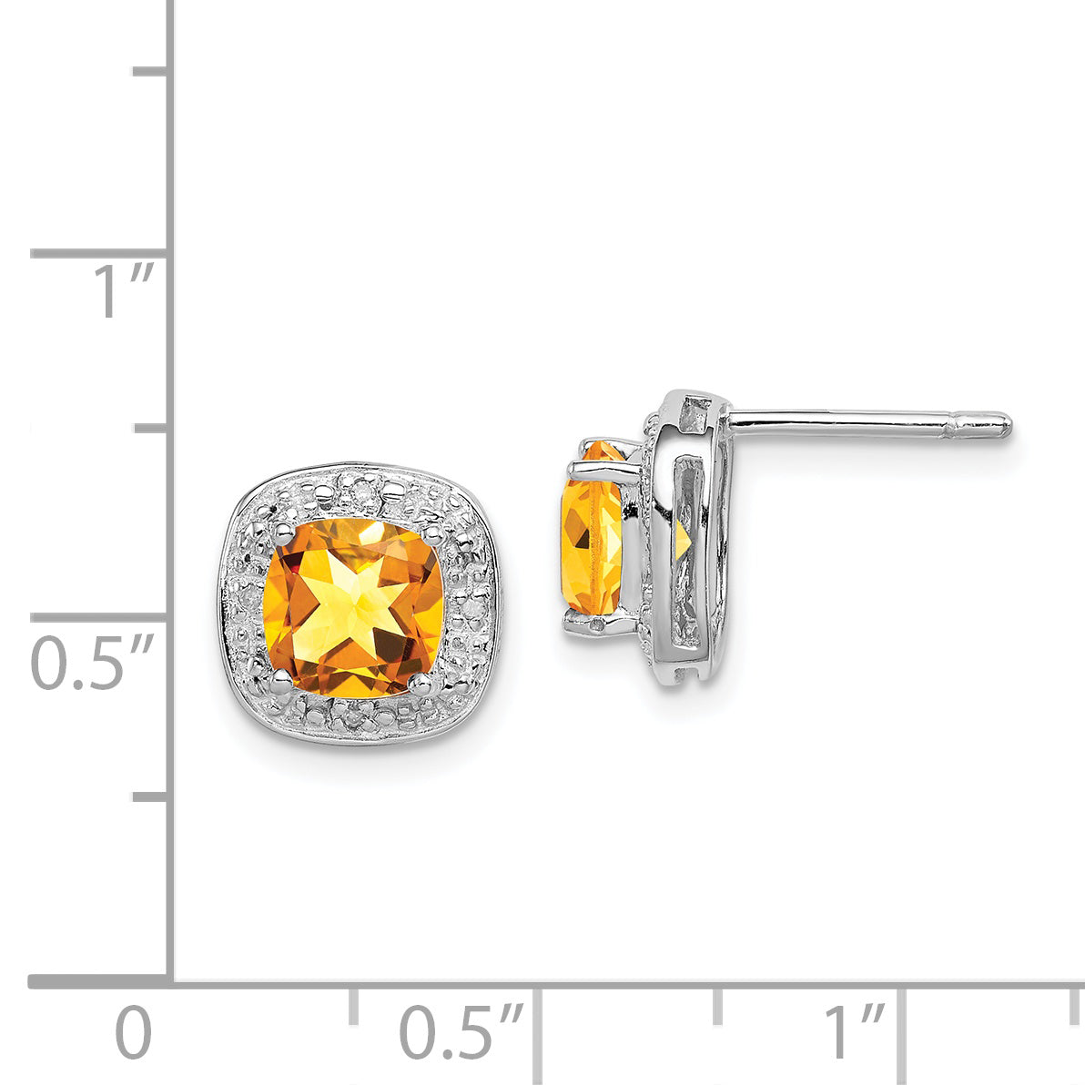 Sterling Silver Rhodium Plated Citrine And Diamond Post Earrings