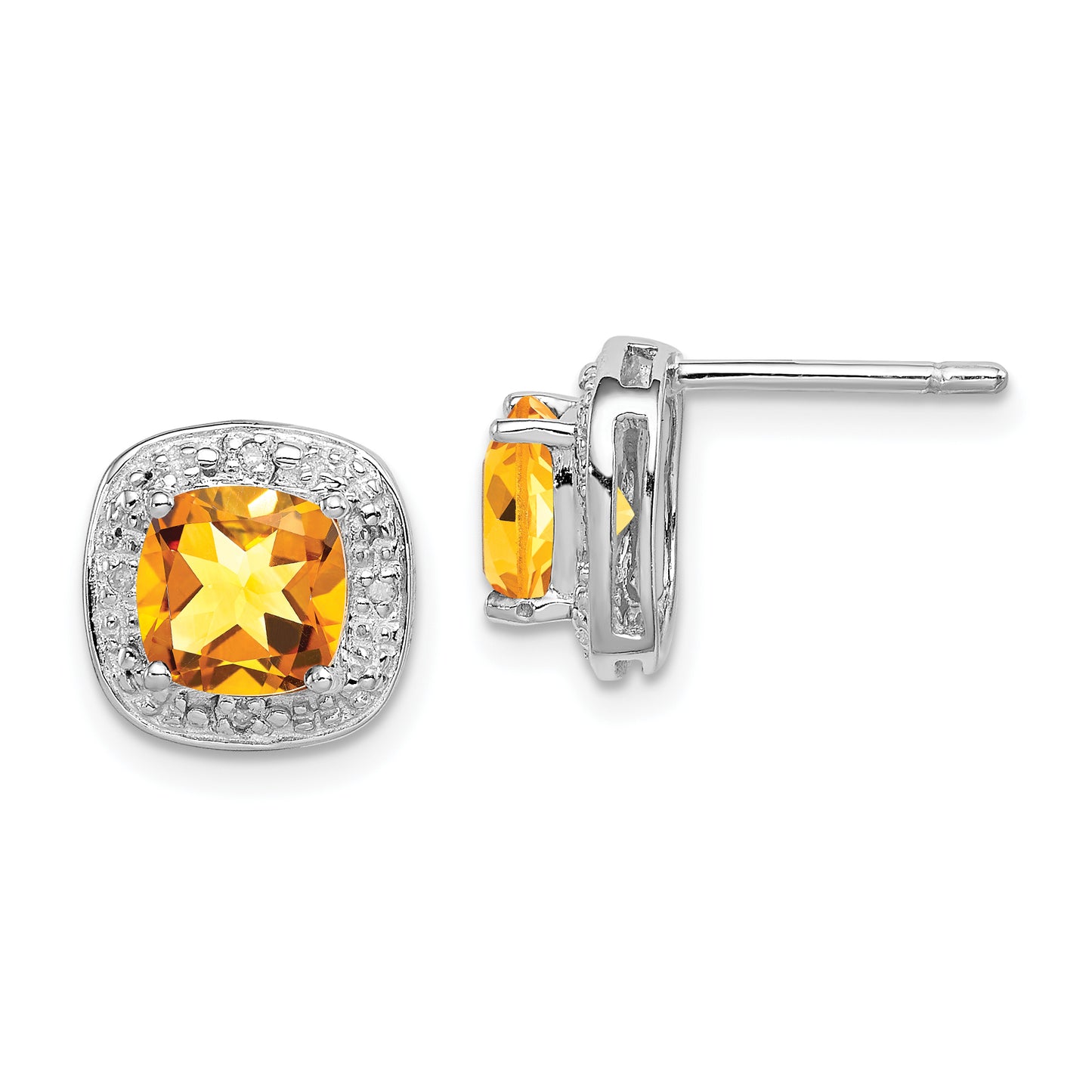 Sterling Silver Rhodium Plated Citrine And Diamond Post Earrings