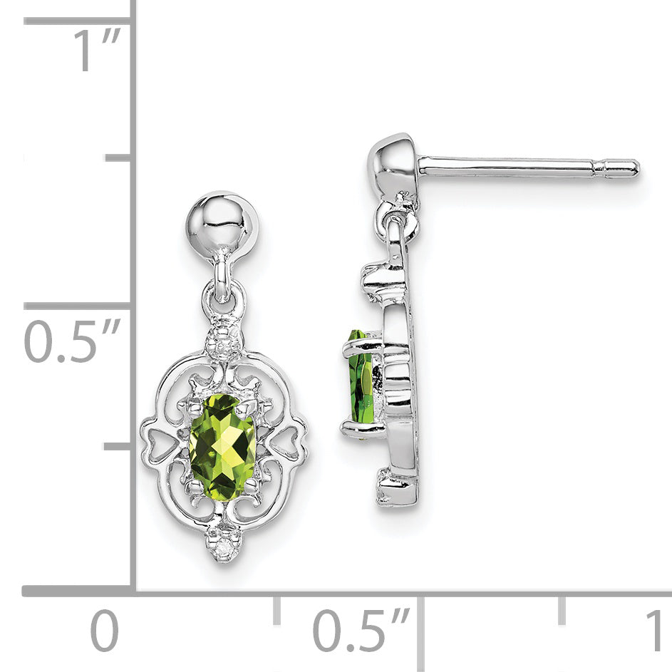 Sterling Silver Rhodium Plated Pear Peridot And Diamond Post Earrings