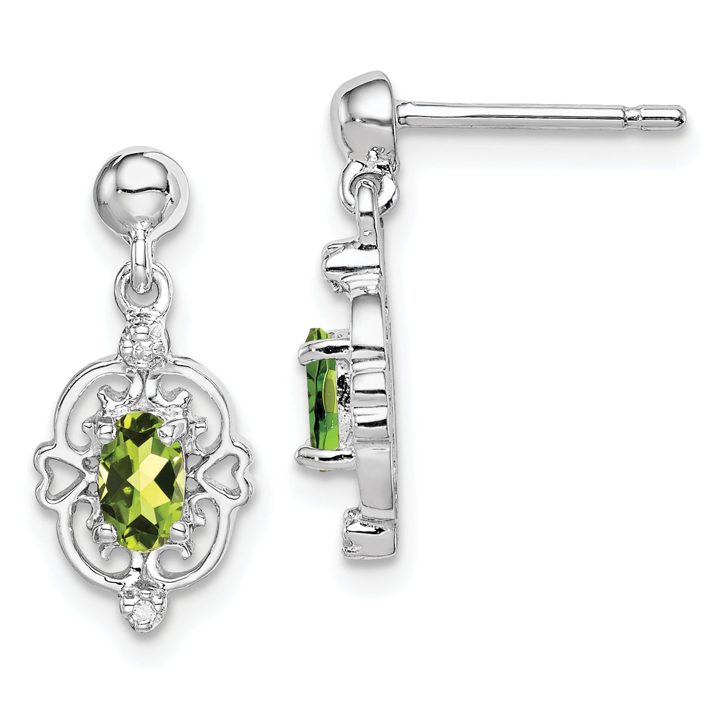 Sterling Silver Rhodium Plated Pear Peridot And Diamond Post Earrings