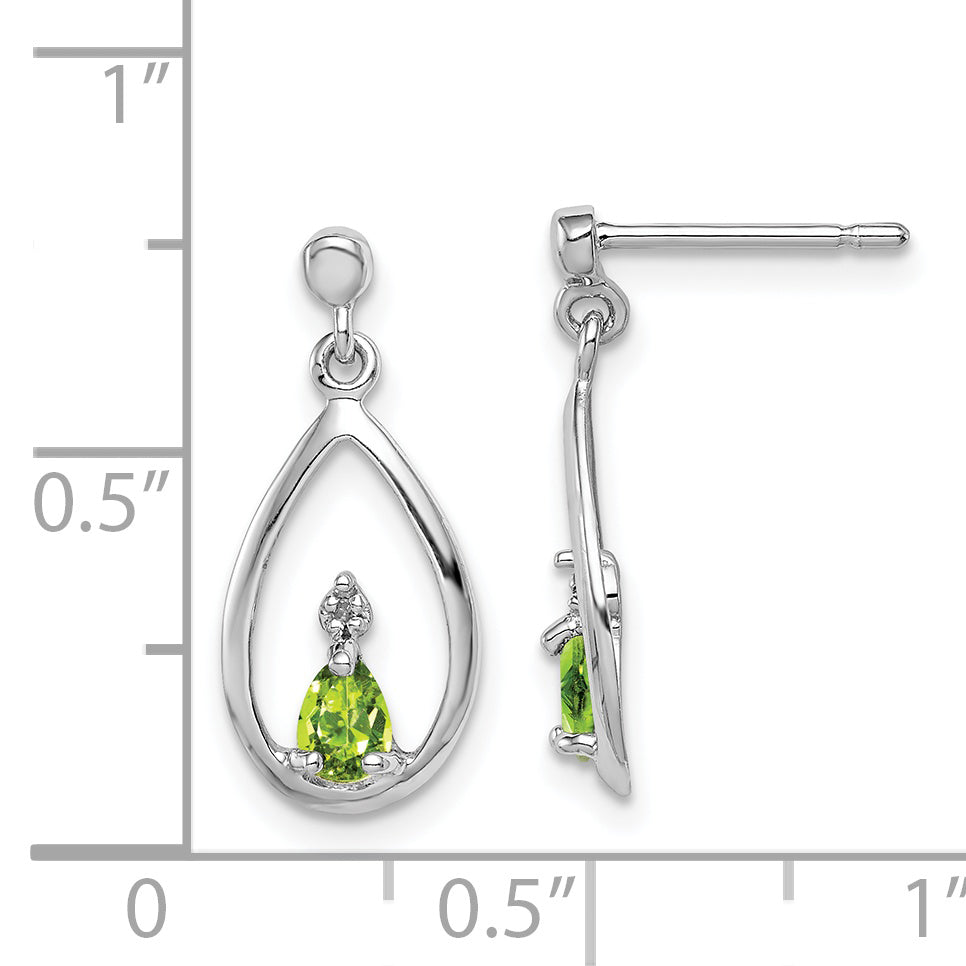 Sterling Silver Rhodium Plated Pear Peridot And Diamond Post Earrings