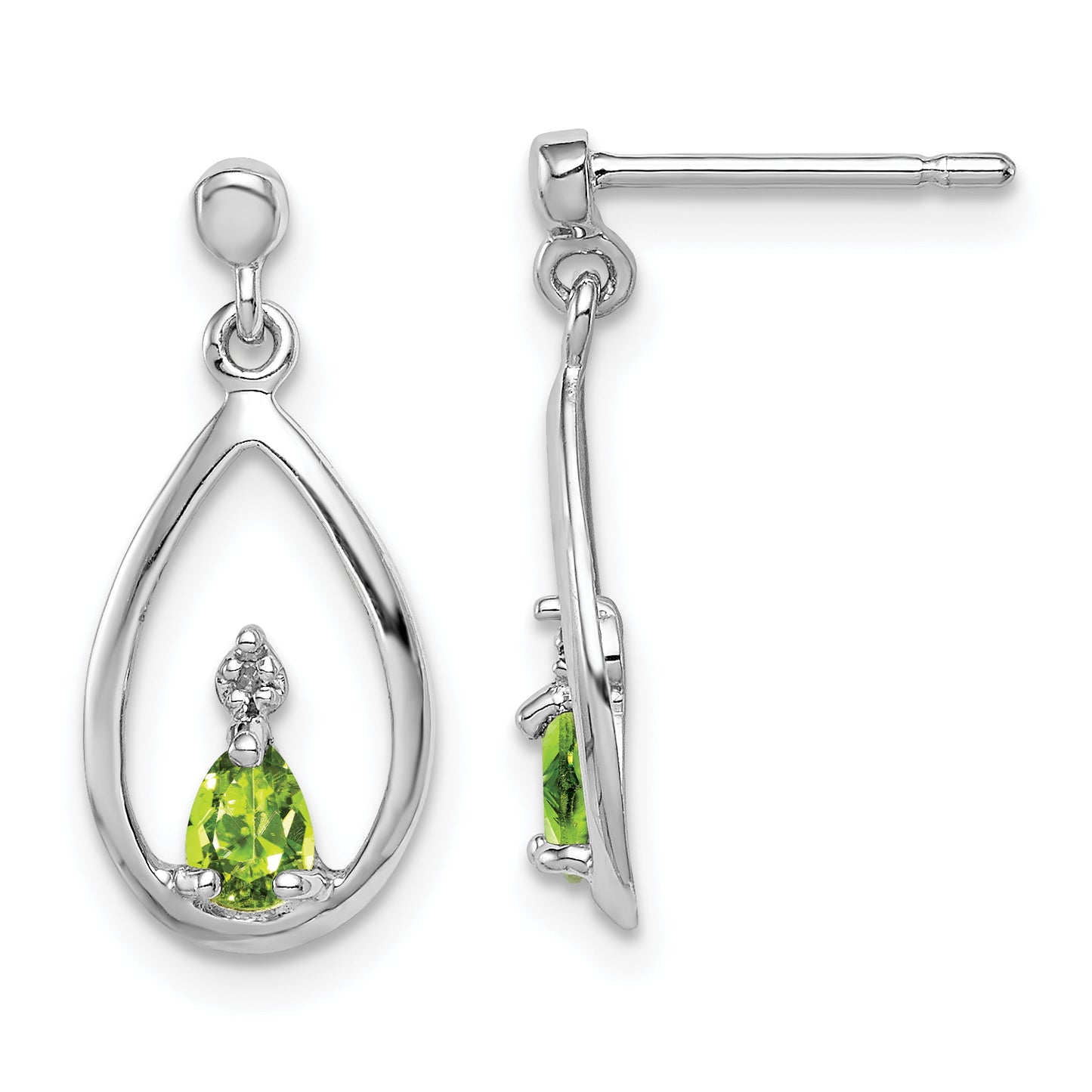 Sterling Silver Rhodium Plated Pear Peridot And Diamond Post Earrings