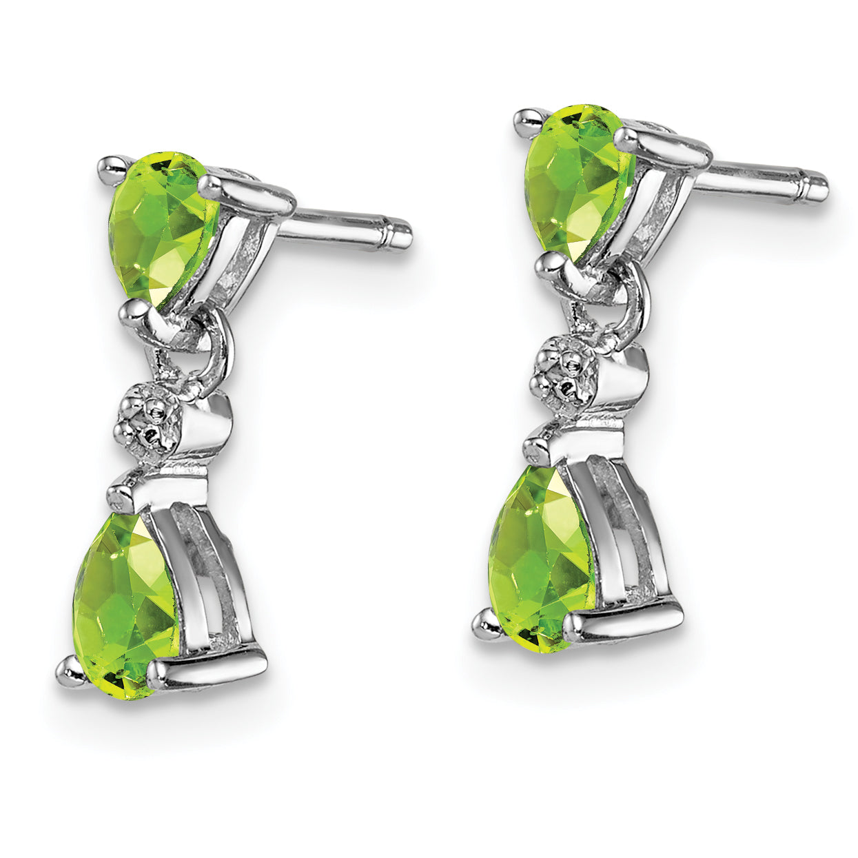 Sterling Silver Rhodium Plated Pear Peridot And Diamond Post Earrings