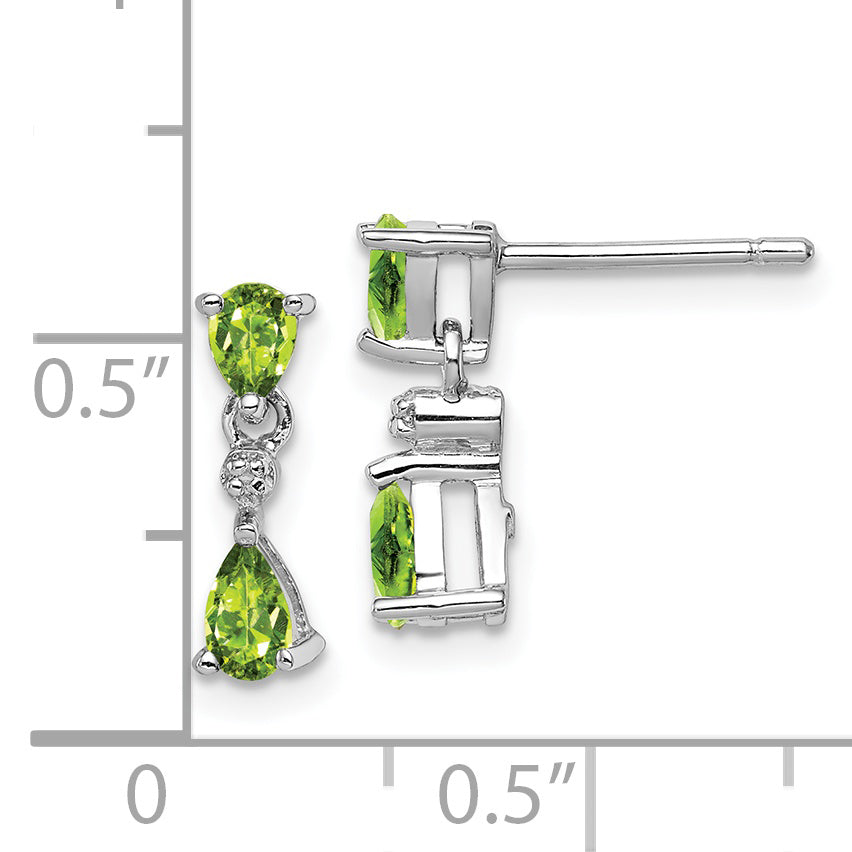 Sterling Silver Rhodium Plated Pear Peridot And Diamond Post Earrings