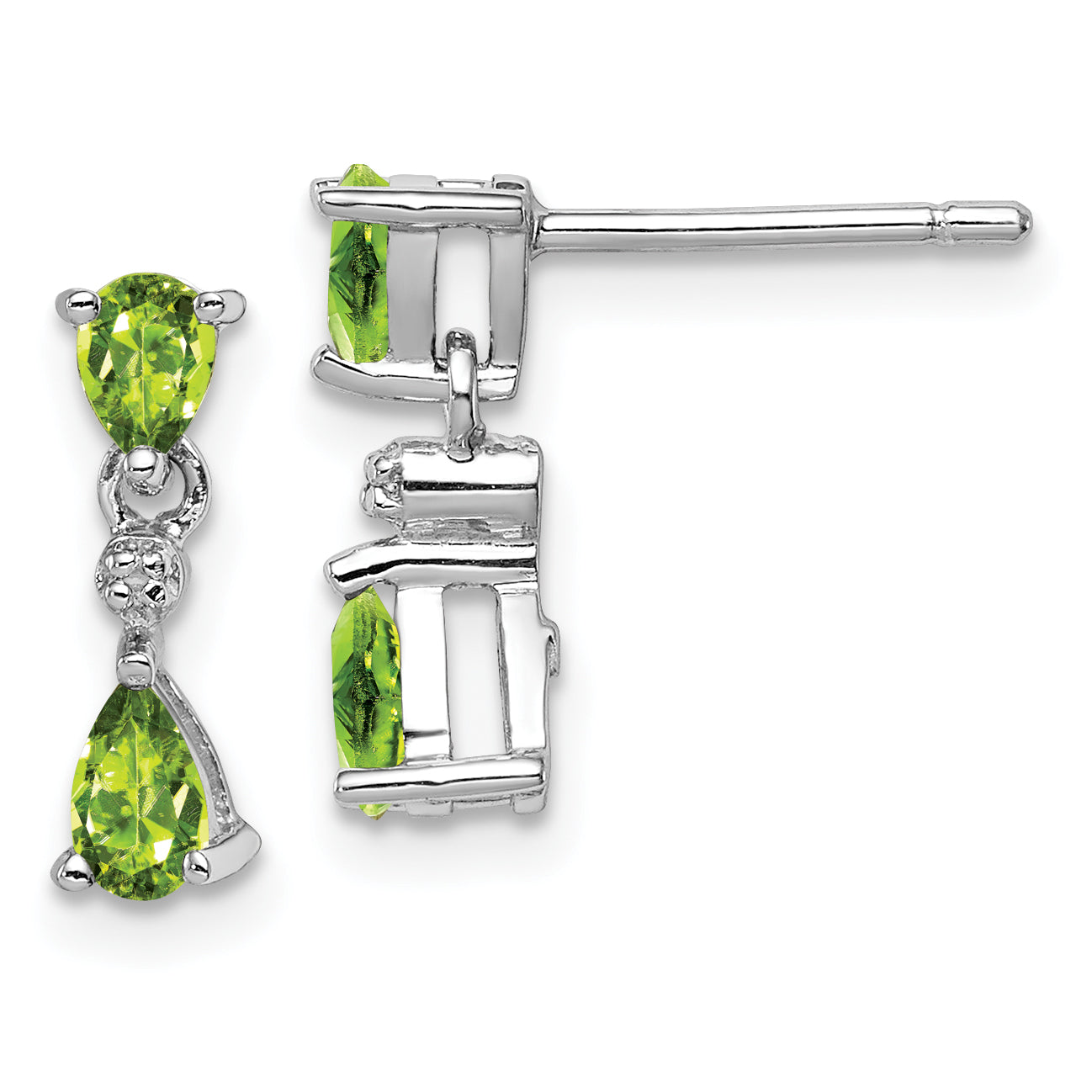 Sterling Silver Rhodium Plated Pear Peridot And Diamond Post Earrings