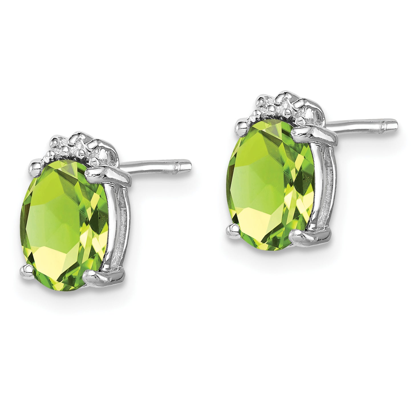 Sterling Silver Rhodium Plated Oval Peridot And Diamond Post Earrings