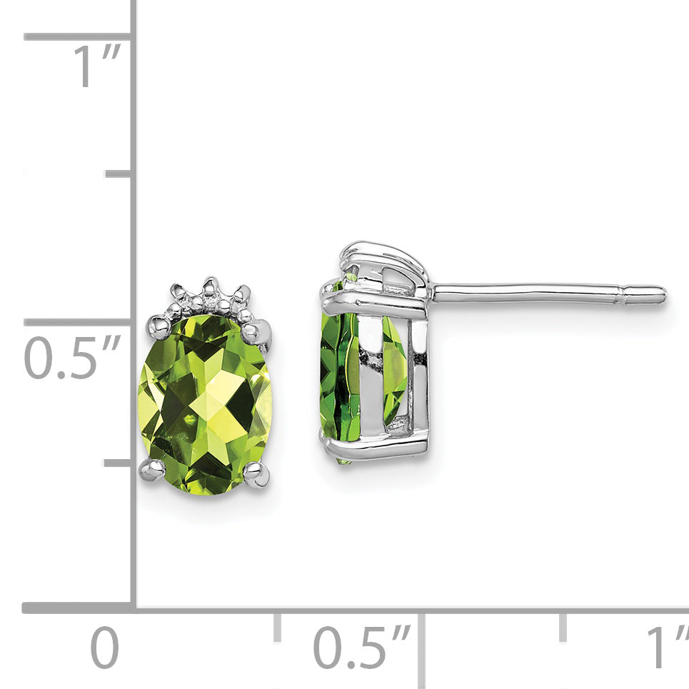 Sterling Silver Rhodium Plated Oval Peridot And Diamond Post Earrings