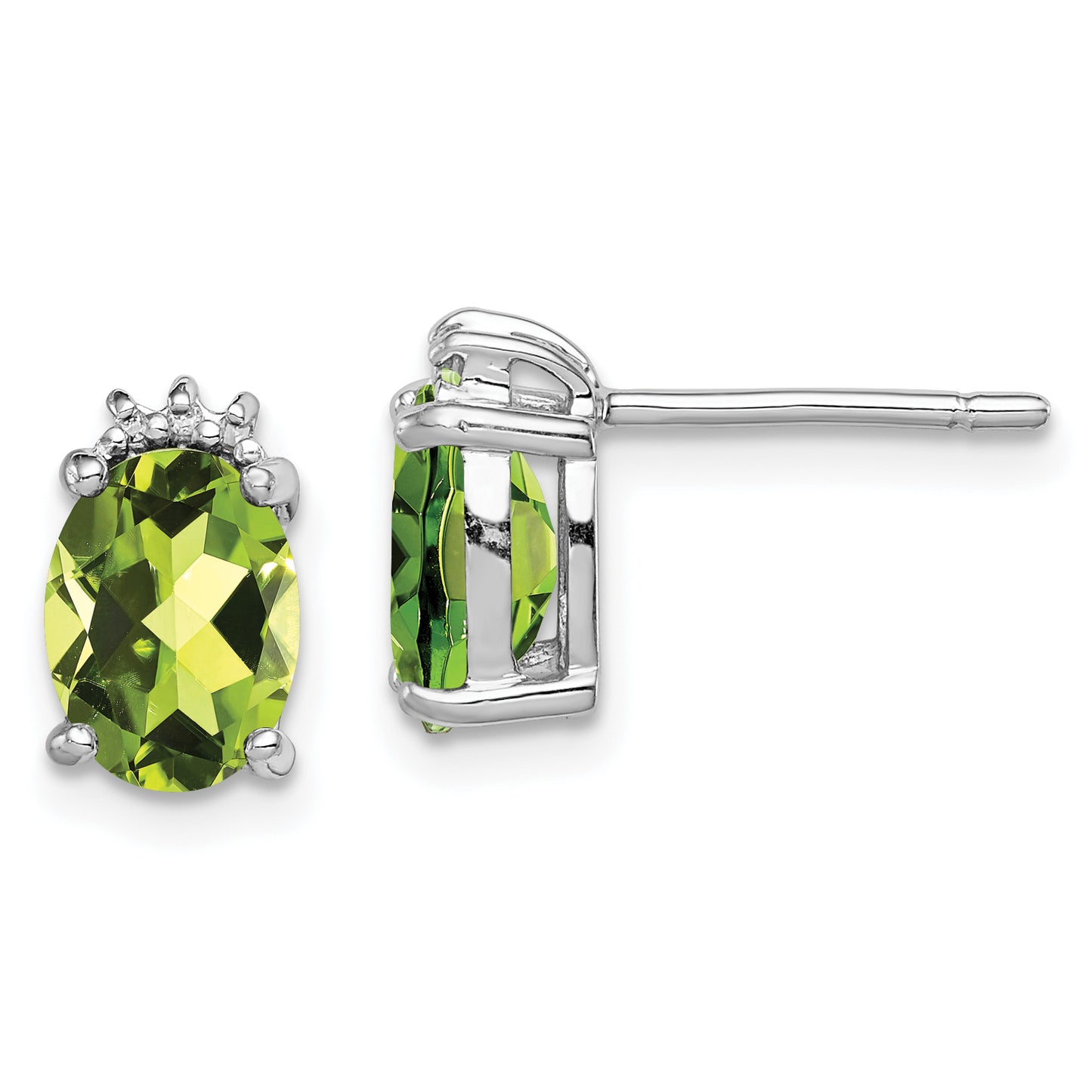 Sterling Silver Rhodium Plated Oval Peridot And Diamond Post Earrings