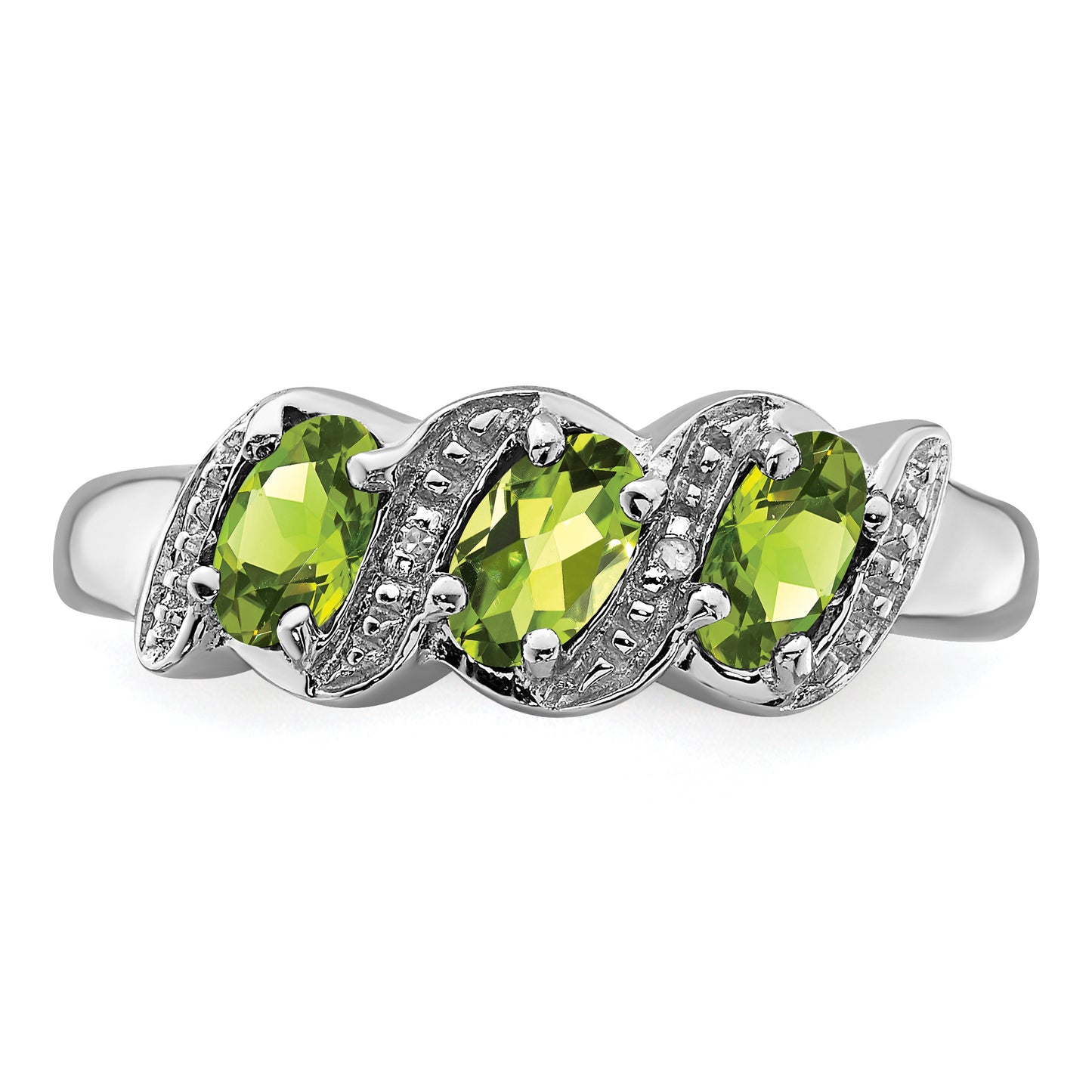 Sterling Silver Rhodium 3 Stone Peridot & Diamond Ring