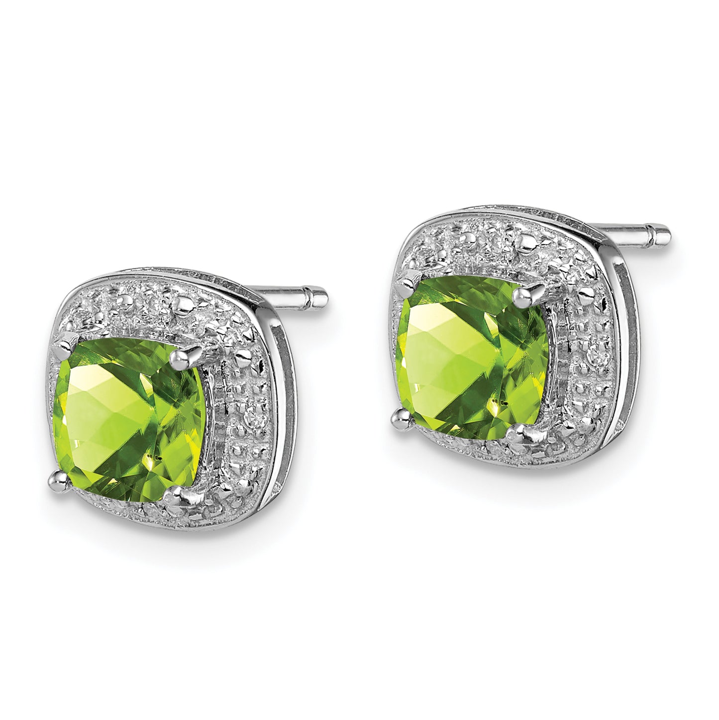 Sterling Silver Rhodium Plated Peridot And Diamond Post Earrings