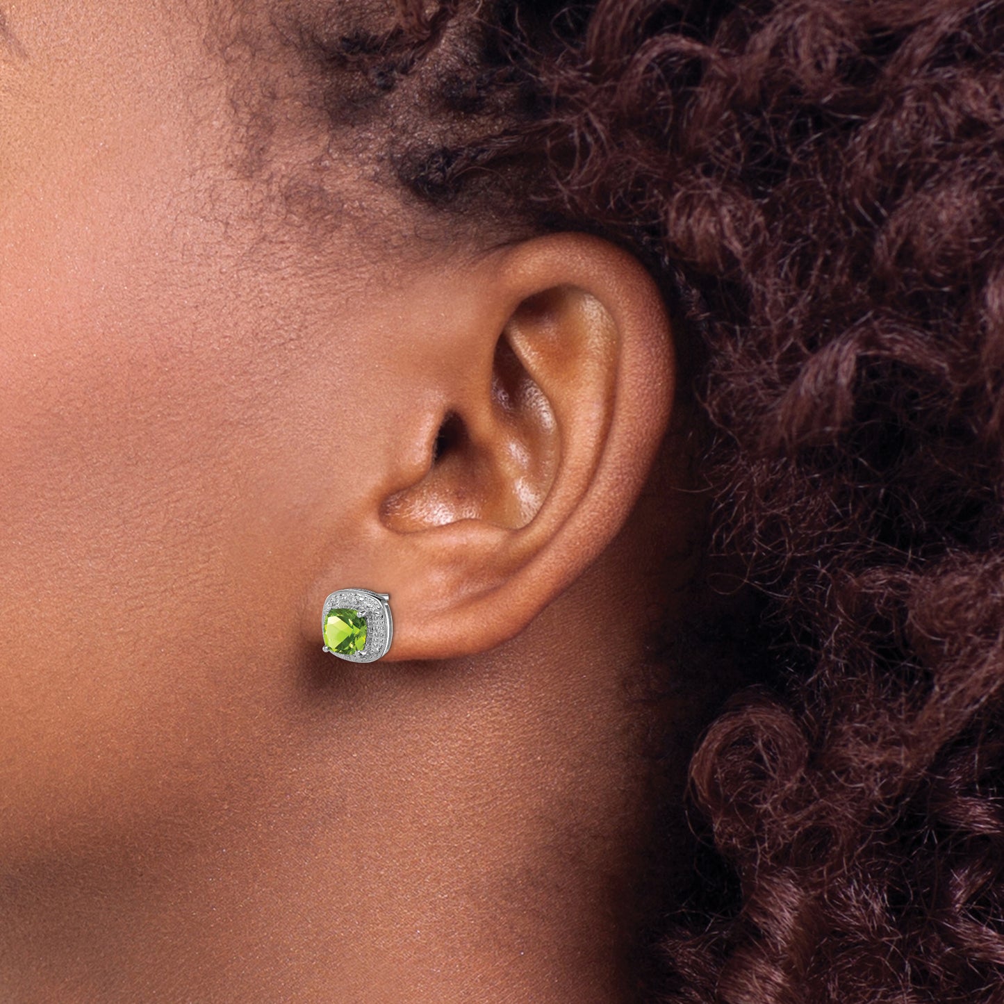 Sterling Silver Rhodium Plated Peridot And Diamond Post Earrings