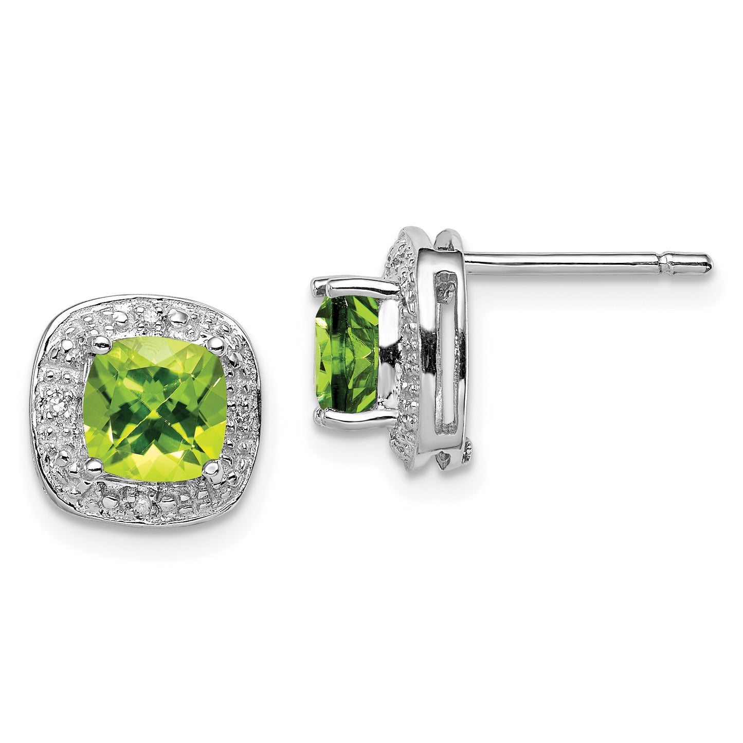 Sterling Silver Rhodium Plated Peridot And Diamond Post Earrings