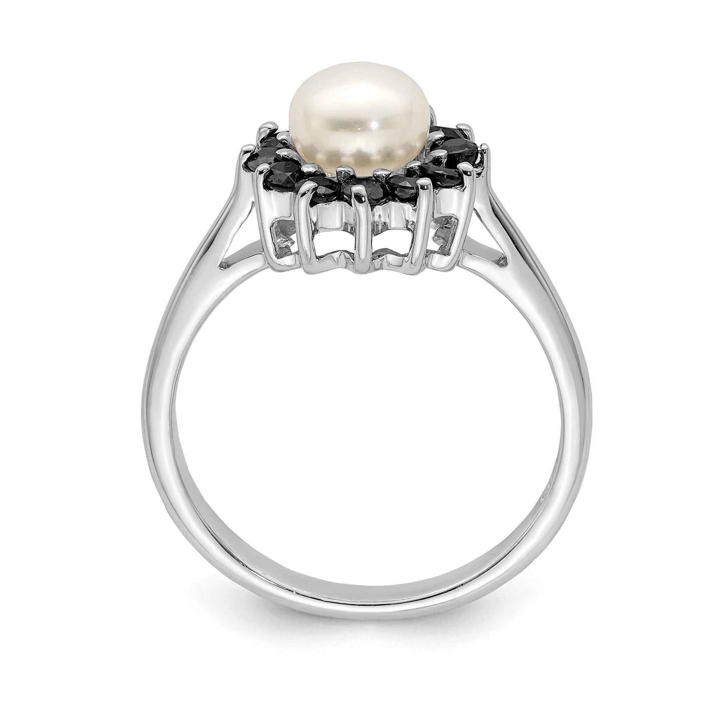 Sterling Silver Rhod 6mm Fw Cultured Button Pearl & Sapphire Ring