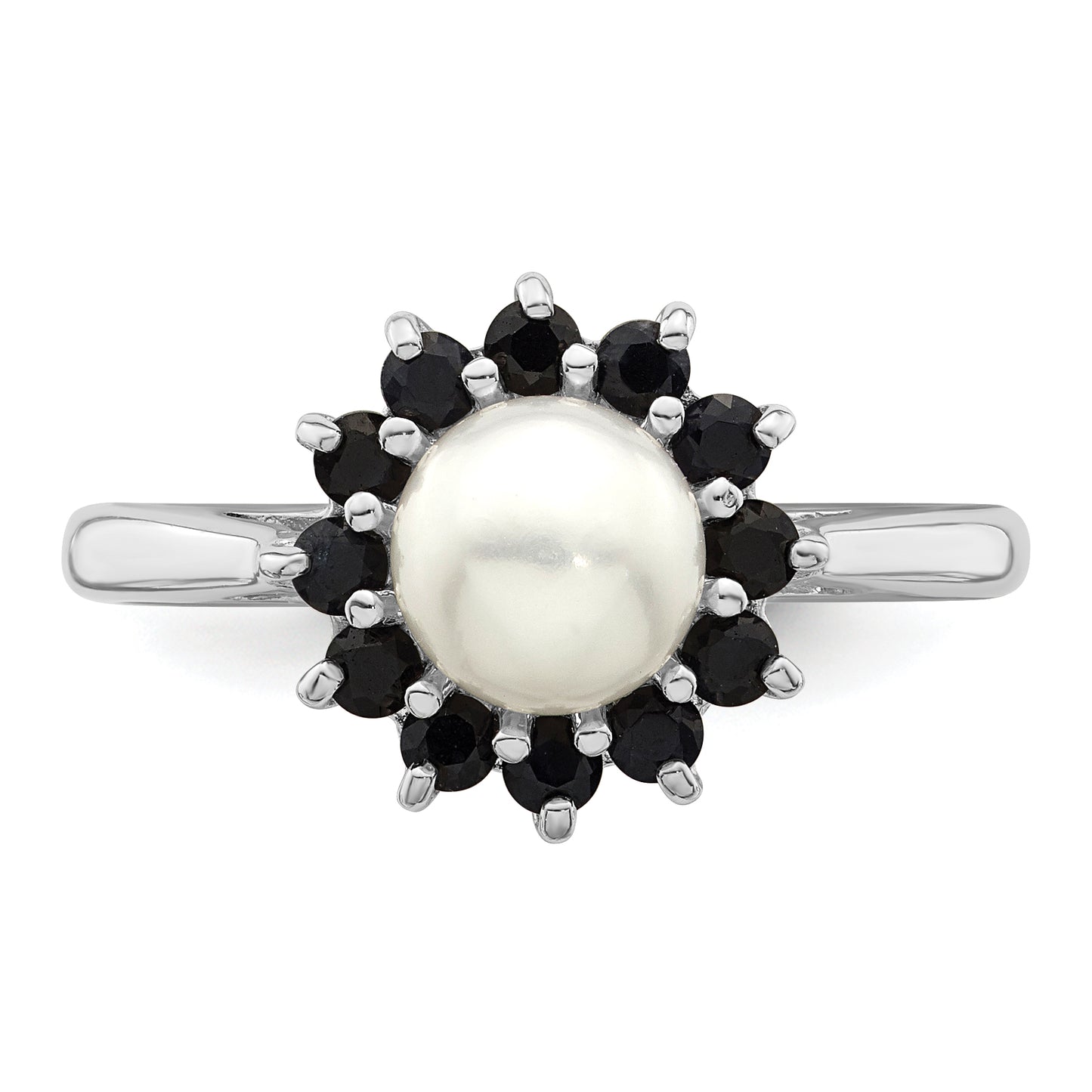 Sterling Silver Rhod 6mm Fw Cultured Button Pearl & Sapphire Ring