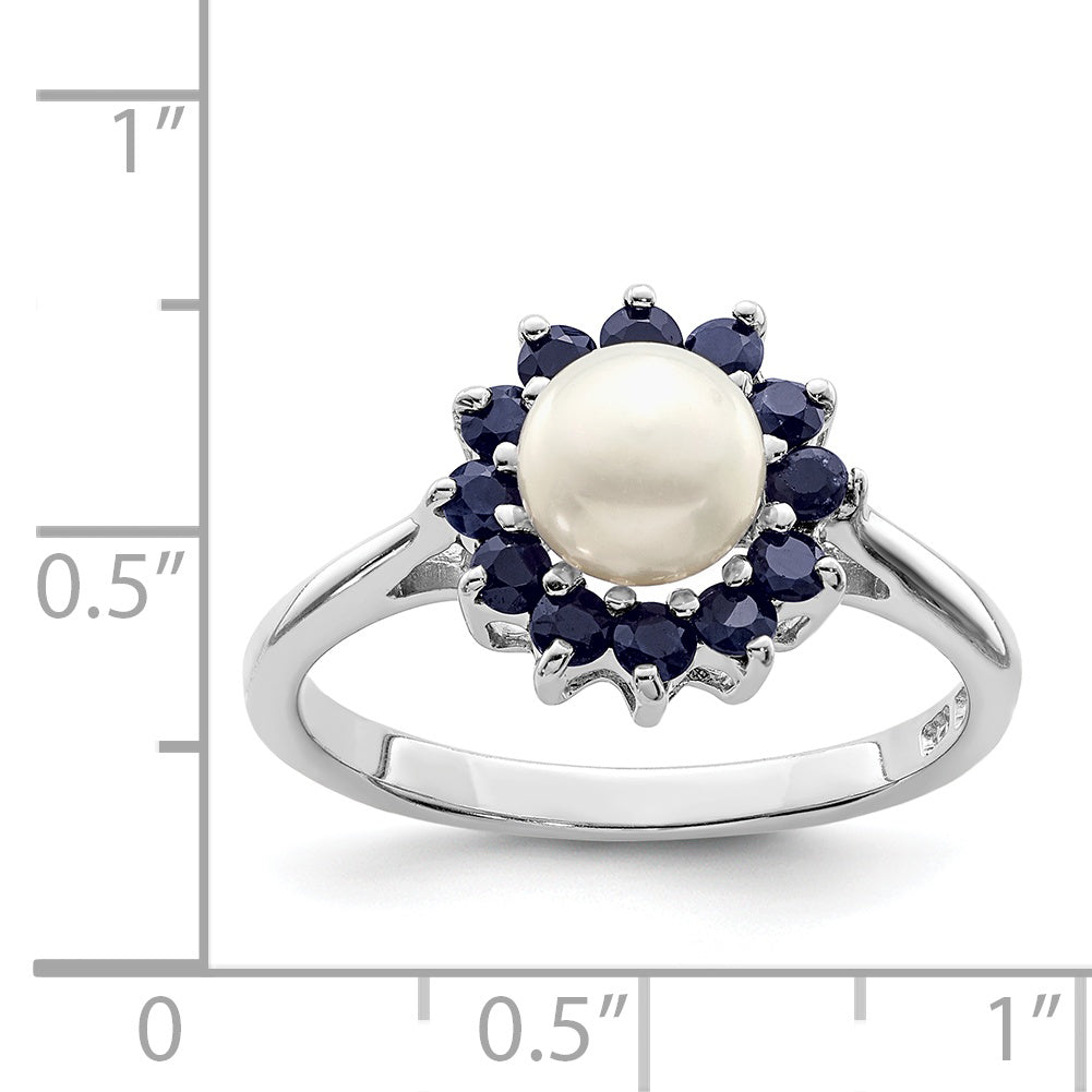 Sterling Silver Rhod 6mm Fw Cultured Button Pearl & Sapphire Ring