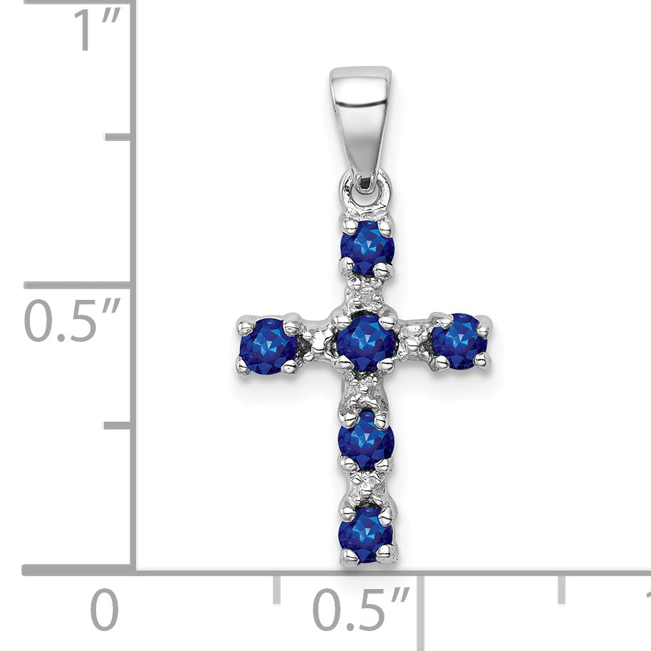 Sterling Silver Rhodium Dark Sapphire & Diamond Accent Cross Pendant