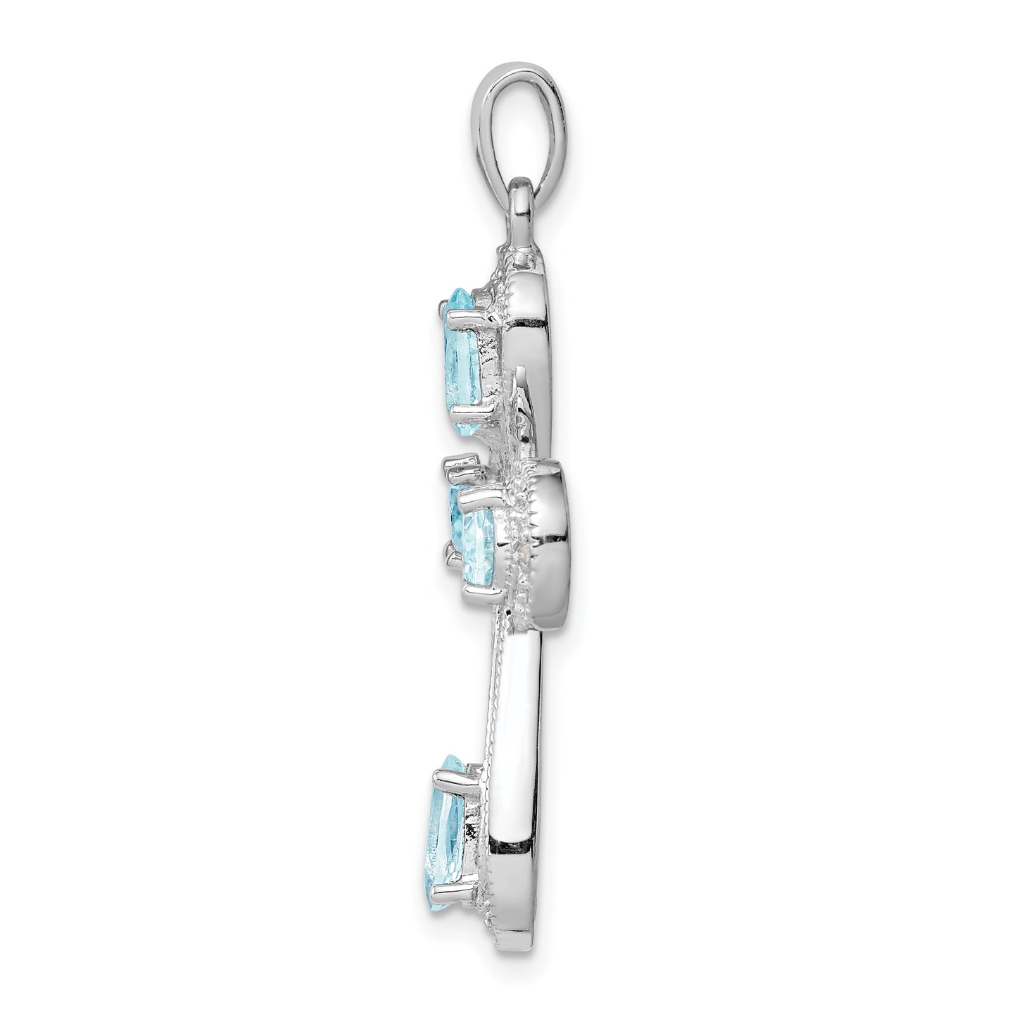 Sterling Silver Rhodium-Plated Aquamarine & Diamond Cross Pendant