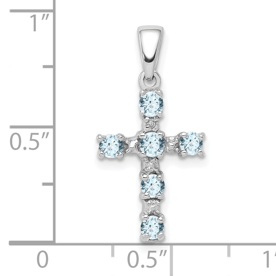 Sterling Silver Rhodium-Plated Aquamarine & Diamond Accent Cross Pendant