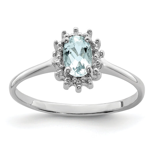 Sterling Silver Rhodium Aquamarine Diamond Ring