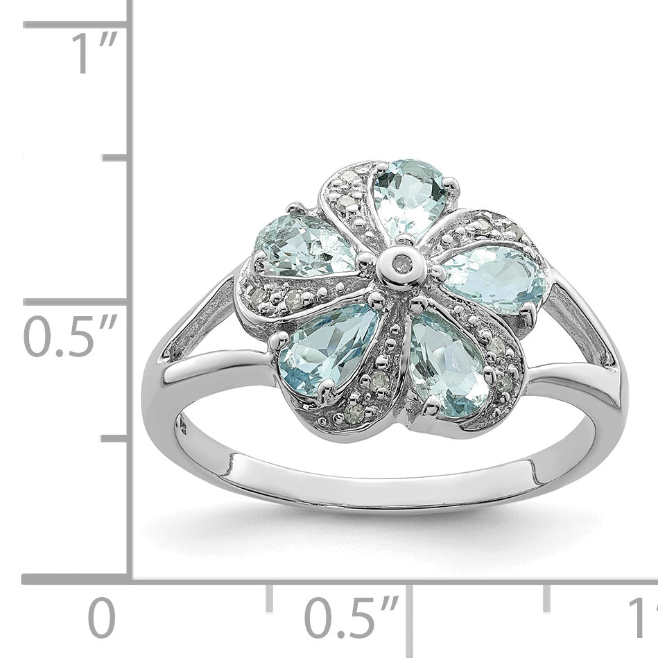 Sterling Silver Rhodium Aquamarine Diamond Ring