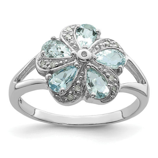 Sterling Silver Rhodium Aquamarine Diamond Ring